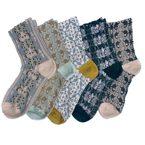 5 Pairs Women's Floral Nordic Stripe Textured Cotton Socks, Girls Vintage Cute Flower Sweet (5-E)