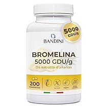 Bandini® Bromelina Forte 5000 GDU, g Gastroprotetta 200 Compresse, Enzima Digestivo, Estratto di Ananas, Bromelina Strong, Pura, Alto Dosaggio, Maggior Assorbimento, 100% Vegano