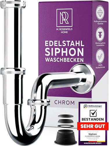 M. ROSENFELD HOME Siphon Waschbecken – Edelstahl Abflussrohr Waschbecken Tauchrohr 4-8,5cm – Geruchsverschluss – Röhrensiphon 1 1/4' – Komplettset mit Dichtungen & Rosette