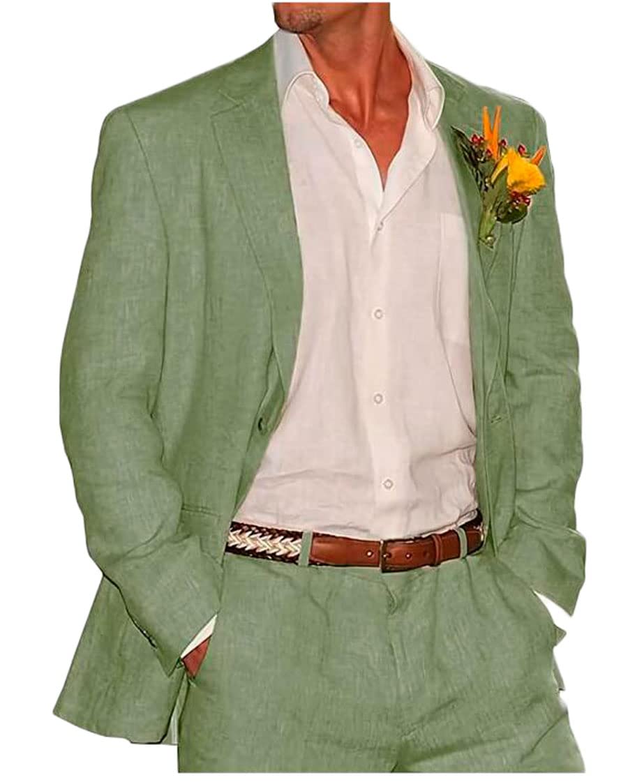 Botong 2 PC Linen Wedding Suits for Men Peak Lapel Prom Suit Regular Fit Groom Tuxedos Summer Beach Suit Casual Wear Sage 44 Chest / 38 Waist