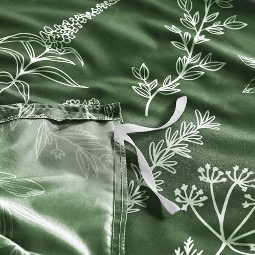 MUXHOMO Duvet Cover Queen Size, Reversible Floral Dark Green Duvet Cover Set with Zipper Closure, 3 Pieces Botanical Patterns Soft Microfiber Bedding Set with 4 Ties (90"x90", 2 Pillow Cases)