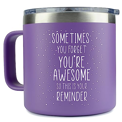 Inspirational Gifts for Women –Stainless Steel Coffee Purple Mug/Tumbler 14oz “Sometimes You Forget You’re Awesome” – Gift Idea for Proud of You, Coworker, Motivational, Best Friend, Her, Hostess