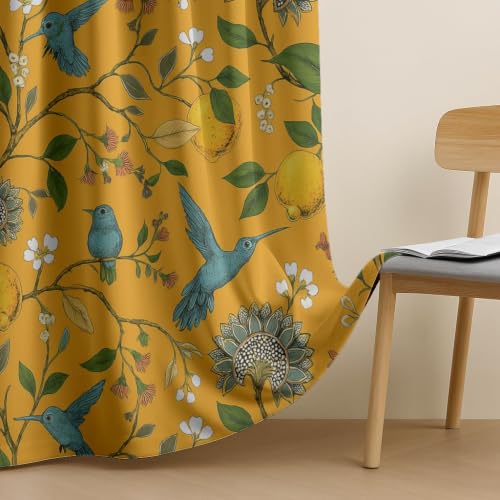 Image of BFAM Floral Print 100% Blackout Curtain with Black Linning at Back, Floral Print Curtains for Living Room /Bedroom Thermal Insulated Energy Saving, Yellow Bird, 7FT, Pack of 1 Curtain