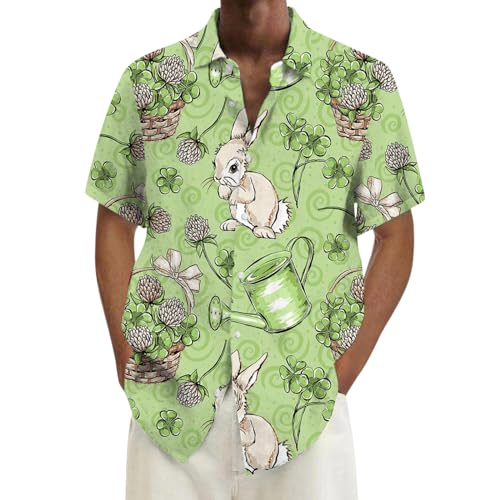 YOSUWOAI Camisa de Pascua para hombre, camisa hawaiana, conejo, manga corta, corte holgado, camisa de verano, camisa de verano, camisa de ocio, conejito de Pascua, patrón de huevo de Pascua, camisa de