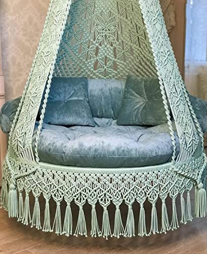 Image of Macrame Hanging Chair Swing with Cushion | Handmade Boho Hammock Chair for Adults & Kids | Indoor Outdoor for Balcony, Living Room, Bedroom, Patio & Garden (Olive Green)