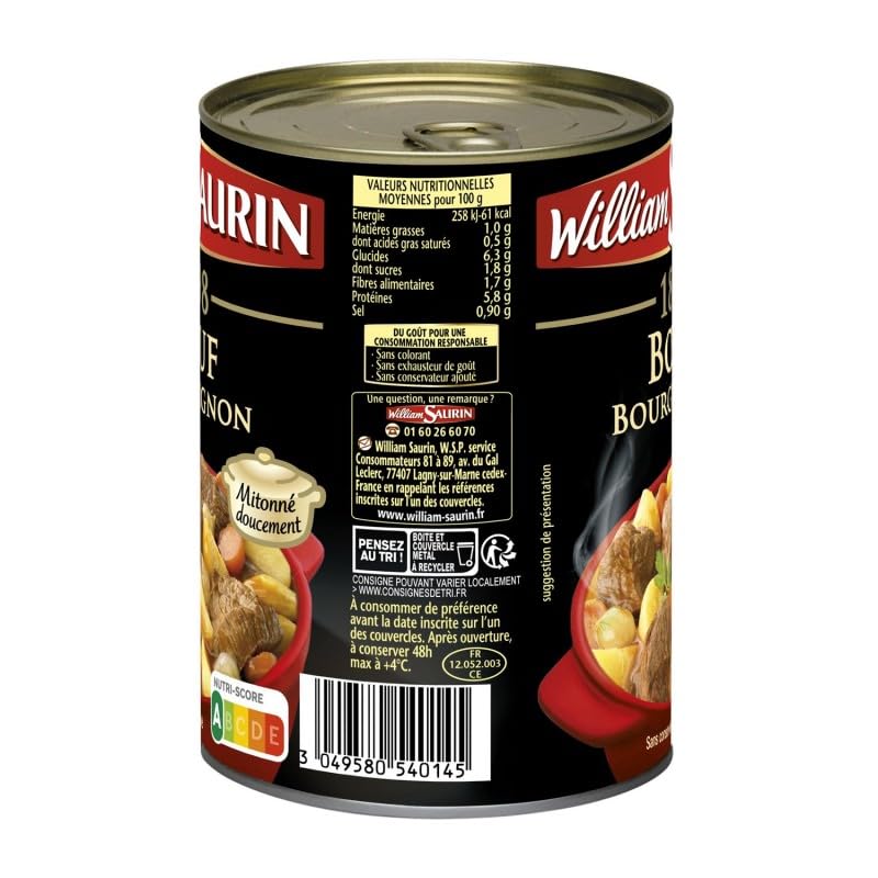 Délectez-vous avec le Boeuf Bourguignon de William Saurin 1898 - Fondantes Pommes de Terre et Carottes - Prêt à déguster - 420g - Le Lot De 3