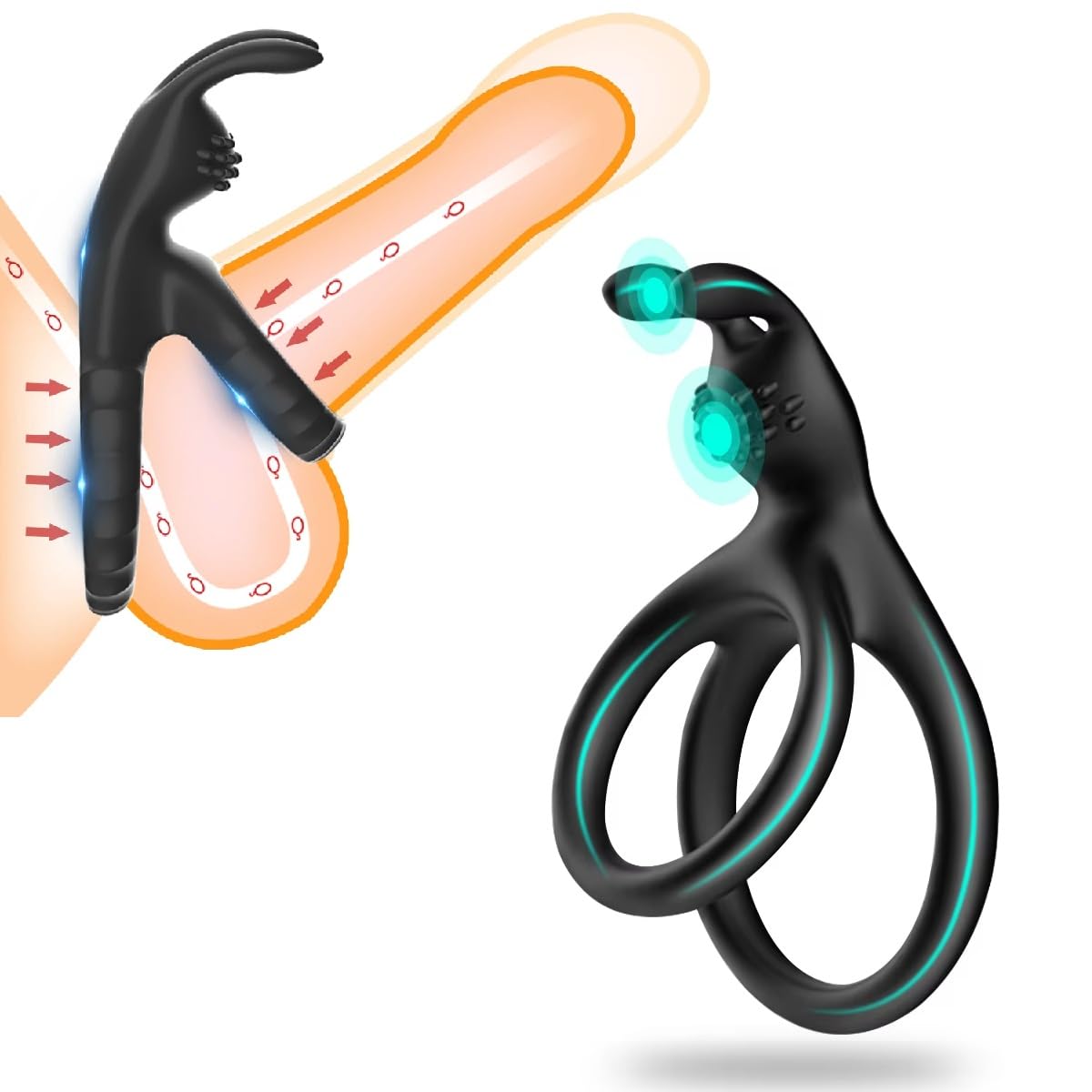 Dual Cock Ring with Rabbit Ear for Clitoral Stimulation Massager Male Penis Ring Sex Toys Strong Erection Enhancement