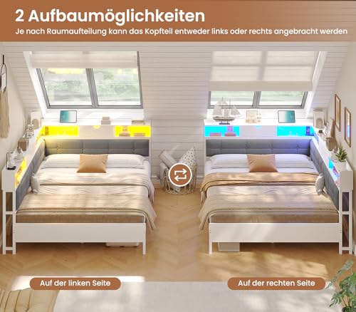AOGLLATI Polsterbett Schlafsofa 140x200 mit 6 Staufächern Jugendbett 140x200 mit LED-Beleuchtung Tagesbett mit Steckdosen Gästebett Bettgestell mit Lattenrost aus Metall, Ohne Matratze (Weiß) – Bild 5
