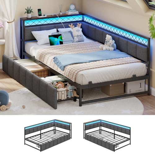 AOGLLATI Polsterbett Schlafsofa 90x200 mit USB-Steckdosen und LED-Beleuchtung Jugendbett 90x200 mit 2 Schubladen,Tagesbett Gästebett Bettgestell mit Lattenrost,Ohne Matratze (Grau) (90x200cm) AOGLLATI Polsterbett Schlafsofa 90x200 mit USB-Steckdosen und LED-Beleuchtung Jugendbett 90x200 mit 2 Schubladen,Tagesbett Gästebett Bettgestell mit Lattenrost,Ohne Matratze (Grau) (90x200cm)