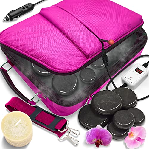 Portable Massage Stone Warmer Set - Electric Spa Hot Stones Massager and Heater Kit with 6 Large and 6 Small Round Shaped Basalt Massaging Rocks, Digital Controller Heating Bag