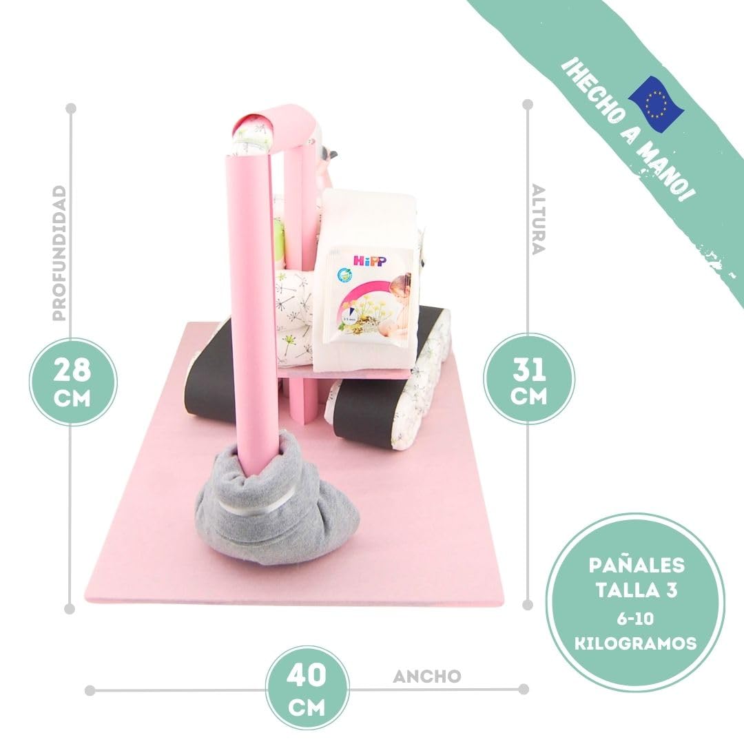 Pastel de pañales ® Excavadora con calcetines para bebé [vehículo de construcción] - Regalo para nacimiento - Fiesta del bebé - Obsequio - Paño para eructos - Baberos para bebé