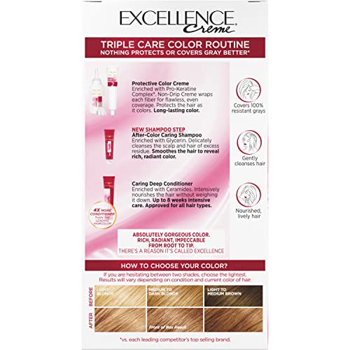 Image of L'Oreal Paris Excellence Creme Permanent Triple Care Hair Color, 7G Dark Golden Blonde, Gray Coverage For Up to 8 Weeks, All Hair Types, Pack of 1