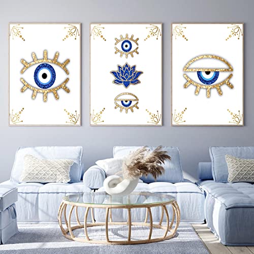 Peinture oeil or bleu lotus triptyque artistique haut de gamme 60x80cm