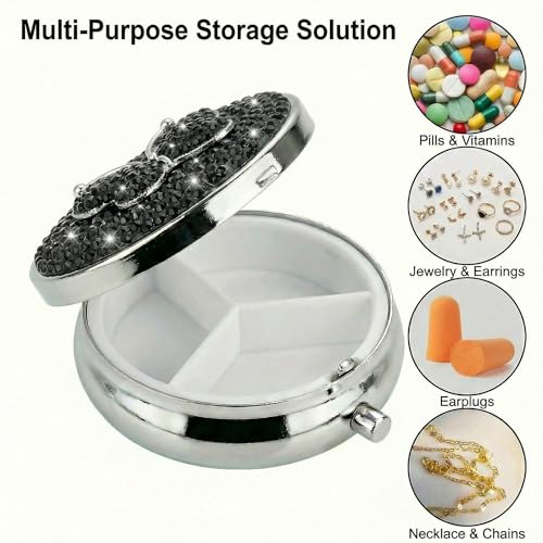 Image of Medicine Organizer Box Butterfly Pocket Pharmacy Bling Travel Pill Case Box for Purse Mini Pill Holder Organizer Small Pills Container for Vitamin(Black)