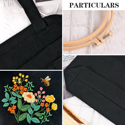 Image of Canvas Tote Bag Embroidery Kit, Beginner Embroidery Kit for Adults, Hand Embroidery Starter kit with Floral Pattern, Arts and DIY Crafts Embroidery Kits , Cross Stitch Kit with Embroidery Bag and Tool