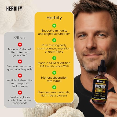 Image of HERBIFY Lions Mane Supplement - Daily Mushroom Supplement for Memory, Focus & Clarity - Brain Booster - Lions Mane Tincture for Immune Support - 4 Fl oz