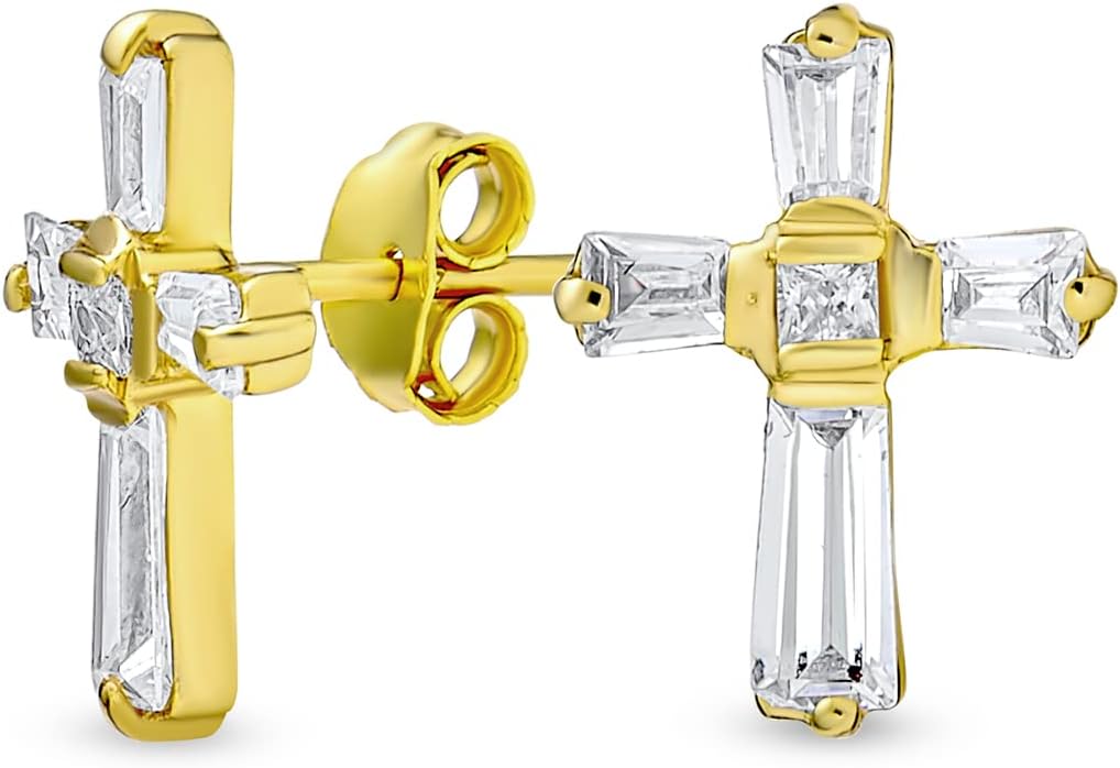 Bling Jewelry Accent CZ Baguette Small Petite Religious Cross Stud Earrings For Women Men Teens Yellow 14K Gold Plated .925 Sterling Silver