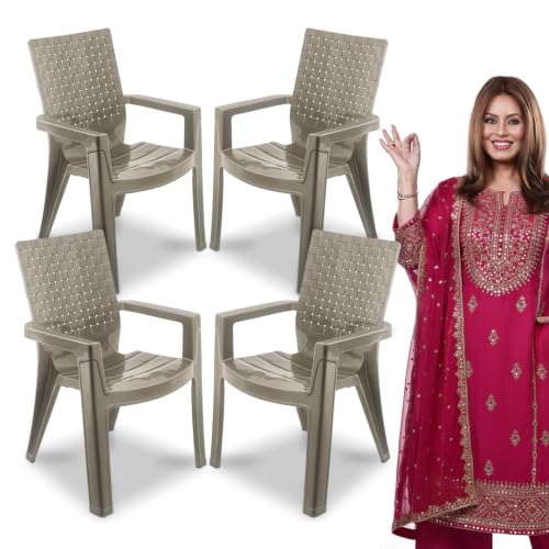 Image of MAHARAJA Heavy Duty Plastic Chairs for Home & Office | Comfortable | Arm Rest | Bearing Capacity up to 200Kg Plastic Outdoor Chair (Olive-Grey, Pack of 4)