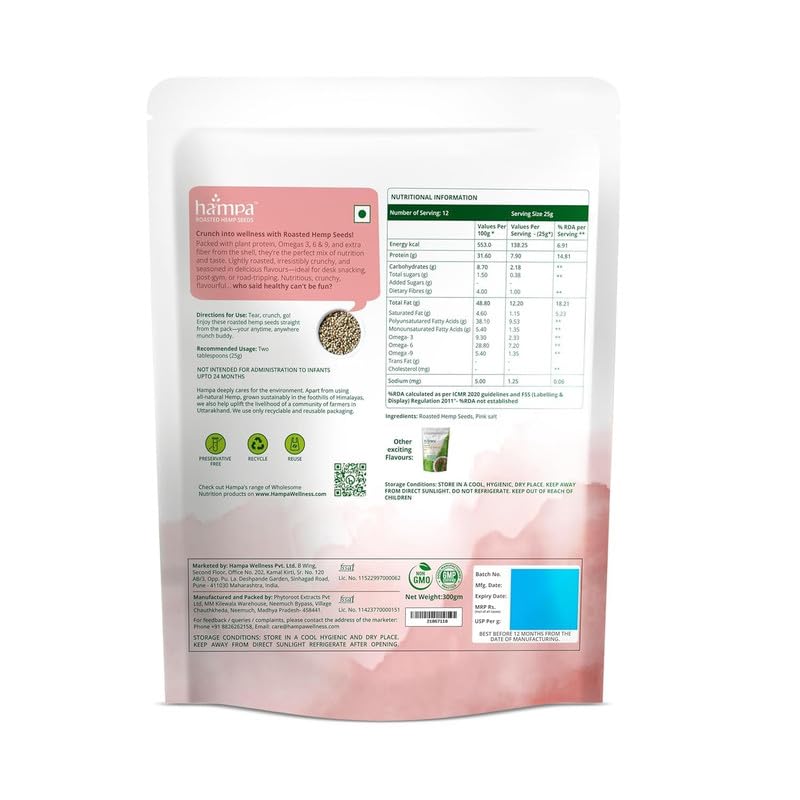 Image of Hampa Roasted Hemp Seeds for Eating - 300g | Himalayan Pink Salt | Crunchy Whole Hemp Seeds | High Fibre Protein Healthy Snack | Omega-Rich Superfood Ready to Eat for Fitness & Daily Nutrition