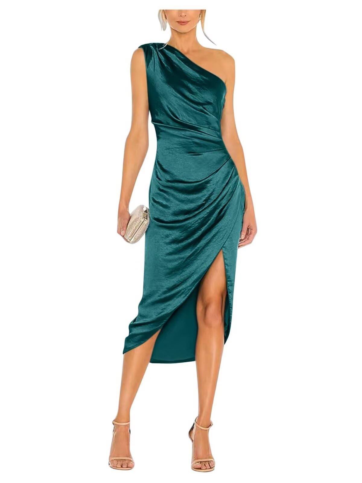 Satin Bridesmaid Dresses for Women One Shoulder Prom Dress Pleated Midi Formal Cocktail Gown Wedding Guest Dress with Slit