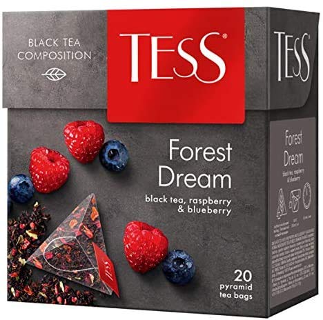 Tess Forest Dream Black Tea Composition Raspberry and Blueberry Leaf Tea in 20 Pyramid Sachets