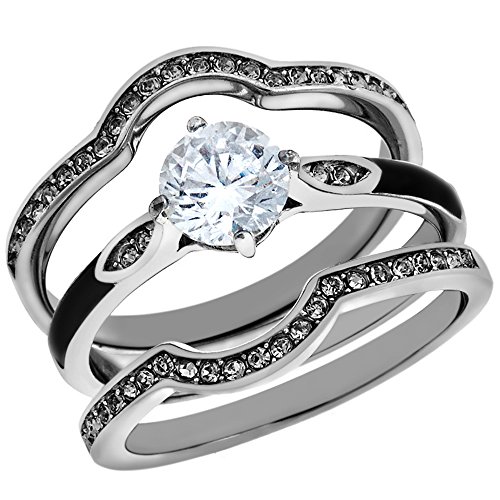 Marimor Jewelry 1.1 Carat Round Cut Zirconia 3 Piece Stainless Steel Wedding Ring Set Women's Size 5-10
