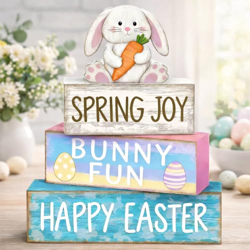 4 Pcs Easter Wooden Bunny Decorations Rustic Rabbit Block Signs for Tiered Tray Easter Centerpiece Farmhouse Cute Bunny Decor Holy Week Party Table Decor for Kitchen & Spring Home Decor — view 6