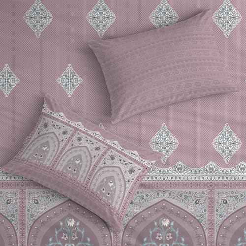 Image of Urban Space Regal 300 TC 100% Cotton Bedsheet for Double Bed, Panel Design Bedsheet, Printed Queen Size Bed Sheet with 2 Pillow Covers (90 x 108 Inches, Jharokha Mauve)