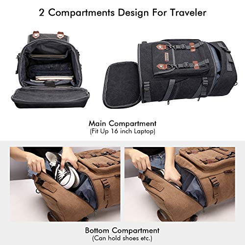 WITZMAN Travel Backpack for Men Women Canvas Backpack Carry on Luggage Rucksack Convertible Duffel Bag Large (A568 Black)