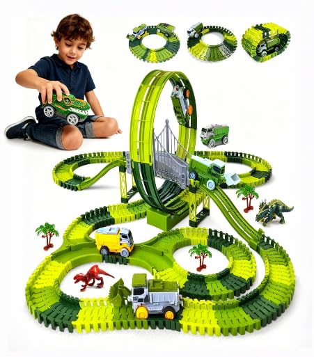 360-Circular Loop Dinosaur Race Track Toy 271 PCS Create A Dinosaur Road Race World 2 Electric Dino Race Cars Flexible Race Track Set Ideal Birthday Party Gift for 3-9 Year Old Kids Boys Girls