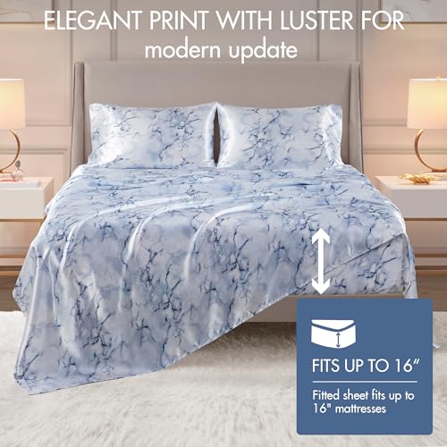Image of Madison Park Essentials Satin Sheets Twin Size Bed Set, 3 Pcs, Blue Marble | Luxury and Smooth Silky Bedding with Natural Sheen, All Around Elastic 14 inch Pocket fits up to 16 inch Mattress, Year-Round Cozy