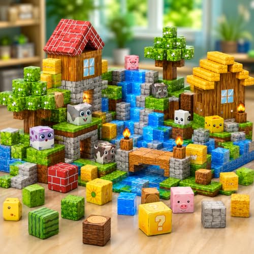 Blocos Magnéticos Infantil 72 Peças para Montar Cubos Magnéticos Educativos de Construção Criativa com Cenário Fazendinha, Animais e Casas, Brinquedo de Encaixe para Crianças +3 com Imãs Plus Kids