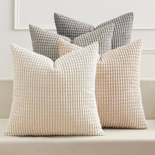 MIULEE Boho Farmhouse Decorative Pillow Covers 20x20 Inch Set of 4 Rustic Modern Home Decor Couch Throw Pillows Corduroy Pillowcases for Sofa Living Room Bed Neutral