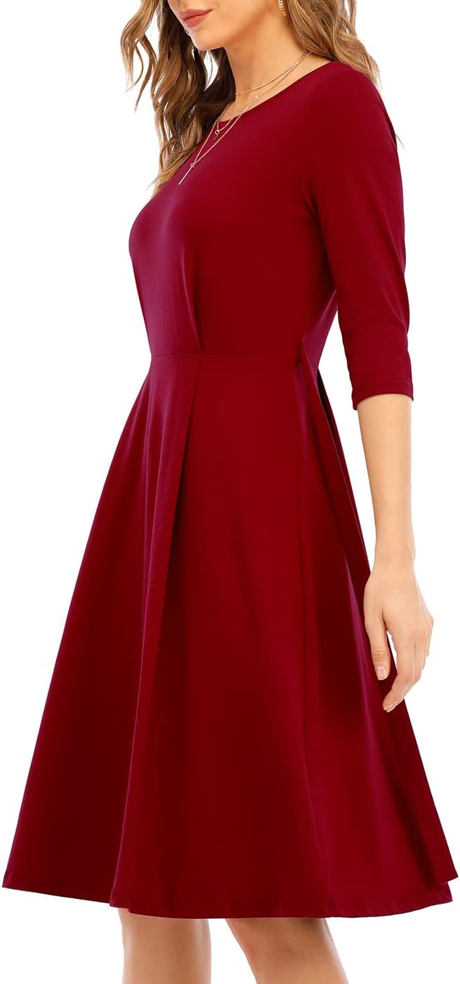 CHARMYI Tshirt Dresses for Women Casual Fall Dresses for Women 3/4 Sleeve T Shirt Dresses for Women Midi Flowy Swing Tunic Modest Elegant Party Cute Empire Waist Dress Knee Length Burgundy L