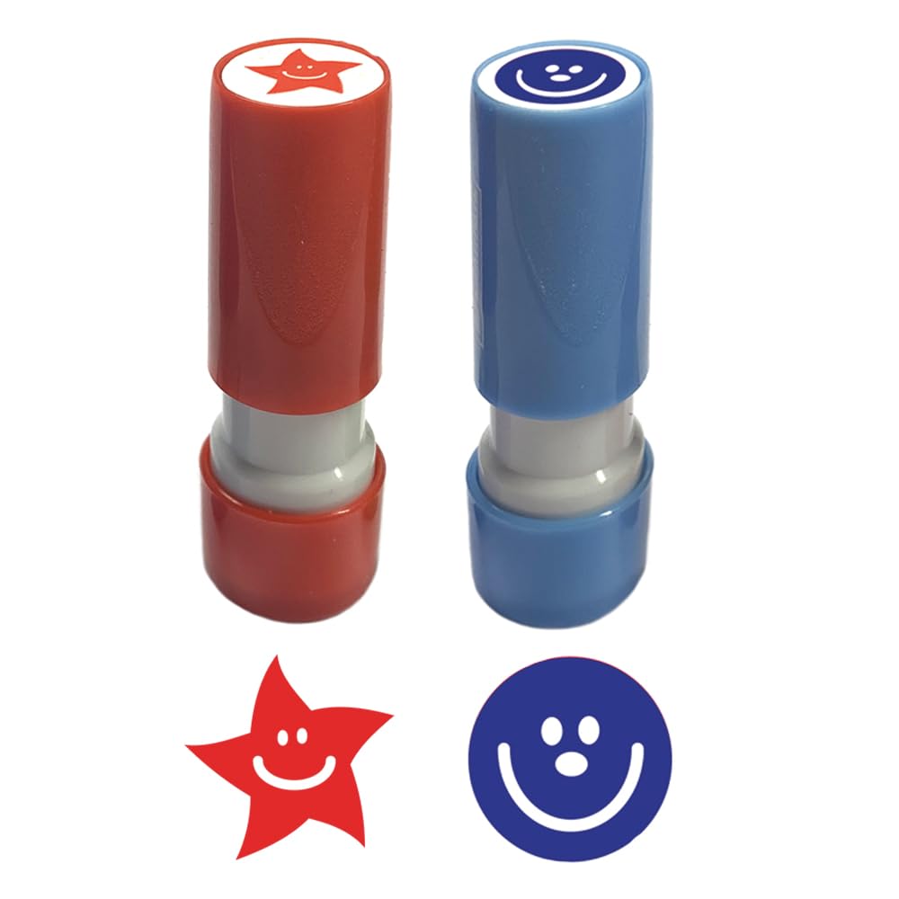 Stamps Direct Blue Small Star (Red) And Smiley Face (Blue) Stampers - 8Mm Image. Ideal For Teacher Or Loyalty Stamps. 2 X Self-Inking Stamp Set