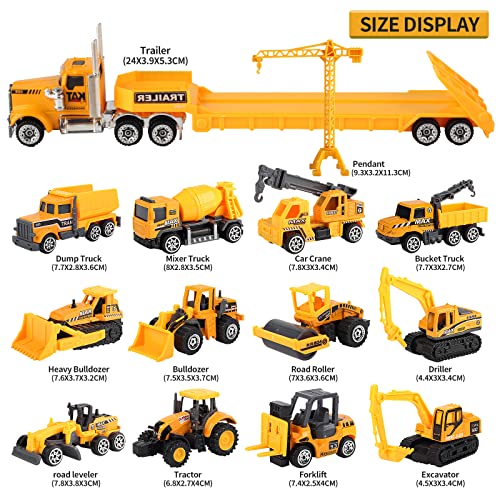 Oriate Construction Cars Toys For Kids, Diecast Engineering Vehicles Toy Set W/Flatbed Trailer & Road Signs, Excavator,Bulldozer, Forklift, For 3 4 5 6 Years Old Children Great For Easter Baskets #TOP3