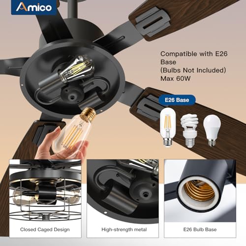 Image of Amico 52 inch Ceiling Fans with Lights, Caged Ceiling Fan with Light and Remote Control, Dimmable, 3CCT, Quiet, Black Farmhouse Ceiling fan For Living Room, Bedroom, Kitchen, Patio Indoor /Outdoor Use