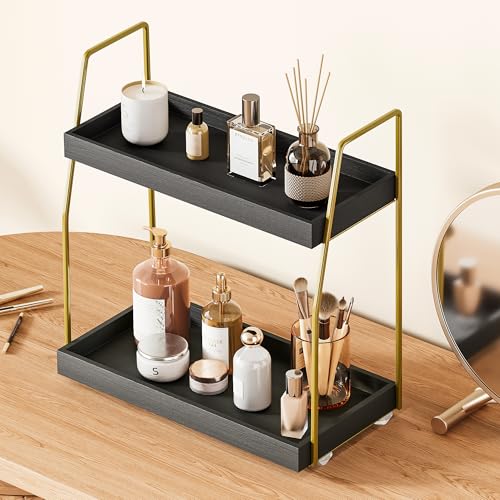 Image of Bathroom Countertop Organizer, Counter Organizer for Bathroom Decor | Wooden Sink Shelf for Vanity Storage, Makeup Tray for Perfume Skincare Bedroom Kitchen Coffee Bar (2 Tier, Black and Gold)