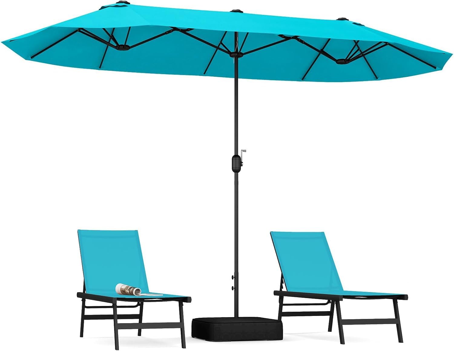 GOPLUS 4x2m Sombrilla Doble Terraza Exterior con Base, Parasols Jardin Grandes con 12 Varillas, Manivela, Protección Solar, Sombrilla Rectangular para Terraza, Piscina, Playa(Turquesa, 4x2 m)