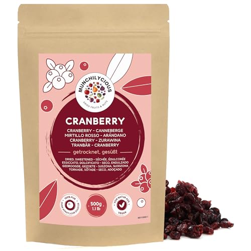 Arándanos secos 500g de Munchilycious, frutos secos, endulzados con jugo de manzana, complemento perfecto para muesli, cereales, gachas de desayuno y batidos