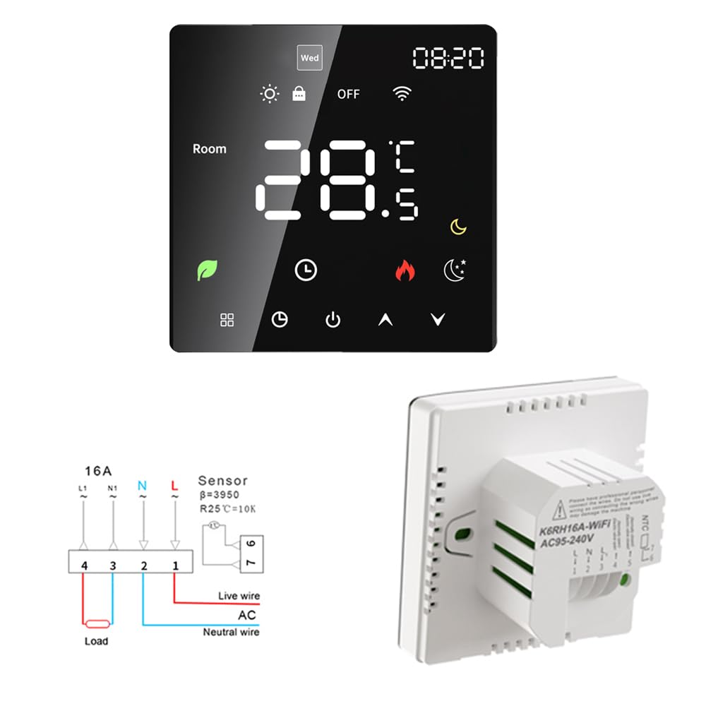 Inteligentny Termostat, Programowalny Termostat WiFi z Wyświetlaczem LED, Kontrola Głosu Kompatybilna z Domem, Termostat Pokoi Montowany na ścianie do (Ogrzewanie elektryczne Wi