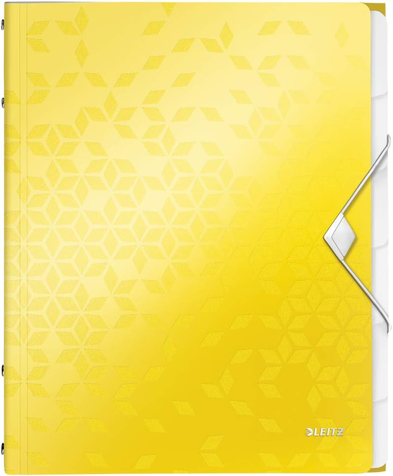 Leitz A4 Divider Book, Holds Up to 200 Sheets, Integrated Index with 6 Compartments, Elastic Closure, Yellow, Wow Range, 46330016