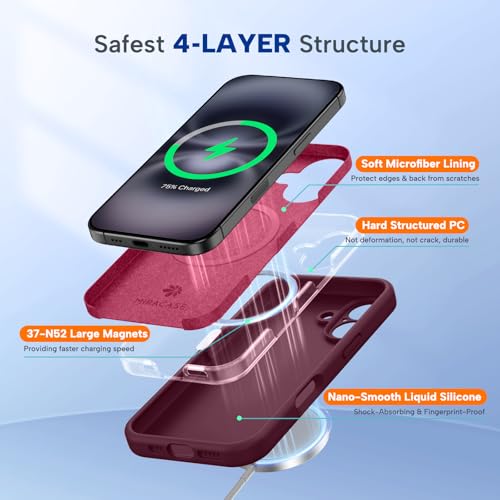 Image of Miracase Magnetic for iPhone 16 Plus Case, [Soft Anti-Scratch Microfiber Lining], Compatible with MagSafe, Liquid Silicone Shockproof Drop Protection Phone Case for 16 Plus,Wine Red
