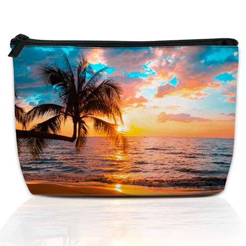 DEMACYA Makeup Bag for Purse, Waterproof Funny Sunset Cosmetic Bag for Women, Zipper Travel Toiletry Pouch Tropical Palm Trees Sea Beach Gift 9.5×5.9 Inch