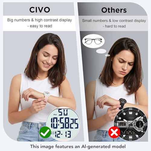 CIVO Digital Watches for Women Men: Sports Waterproof Ultra-Thin Big Face Watch Suitable for Larger Wrists - Soft Silicone Wristwatch with Stopwatch Alarm for Outdoor Enthusiast - Running & Hiking - Image 3