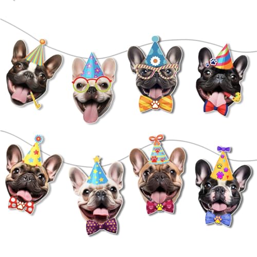 Image of French Bulldog Birthday Garland - Photographic Frenchie Faces Birthday Banner, Funny French Bulldog Bday Party Decoration for Frenchie Lovers, Easy Assembly