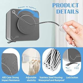 Retractable Clothesline Indoor, Non-Sagging Outdoor Clothes Line Retracting 15.7 Feet Heavy Duty Laundry Line Retractable Wall Mounted Clothes Line Outdoors (Square-Grey)