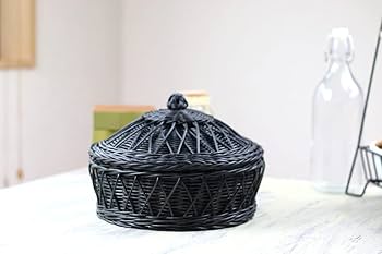 Amazon.co.jp: cerapockke 蓋付きブラック編み籠 ラウンド 26.5cm かご