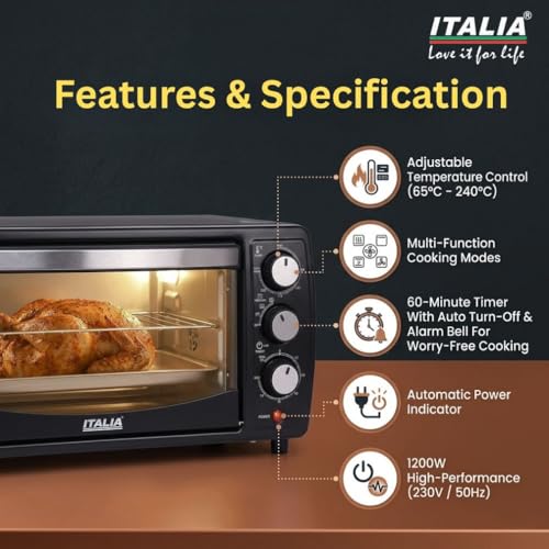 Image of ITALIA Premium 12L Multi-Function OTG for Kitchen, 1200W Oven Toaster Griller, Bake Grill Toast, Oven for Baking, Adjustable Temperature & Timer, Black, Unique 3 Key Setup, 1 Year Warranty (Black)