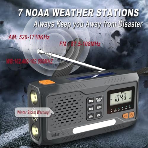 Image of 7400mWh Emergency Weather Radio, Solar Hand Crank NOAA AM FM Portable Radio | Built-in Flashlight, Phone Charger, SOS Alarm & Digital Display, Perfect for Hurricane Survival Camping Outdoor Emergency Use